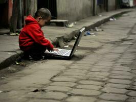 Colombian kid working on a laptop in a vibrant urban setting AI Generative photo