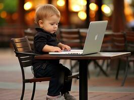 Colombian kid working on a laptop in a vibrant urban setting AI Generative photo