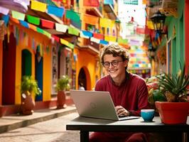 Colombian kid working on a laptop in a vibrant urban setting AI Generative photo