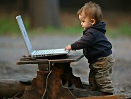 Colombian kid working on a laptop in a vibrant urban setting AI Generative photo