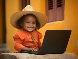 Colombian kid working on a laptop in a vibrant urban setting AI Generative photo