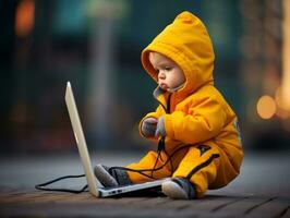 Colombian kid working on a laptop in a vibrant urban setting AI Generative photo