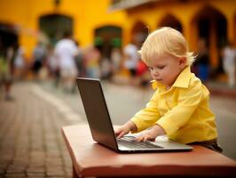 Colombian kid working on a laptop in a vibrant urban setting AI Generative photo