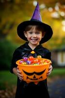 Kid in Halloween costume holding a bowl of candy with mischievous grin AI Generative photo