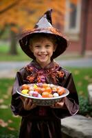 Kid in Halloween costume holding a bowl of candy with mischievous grin AI Generative photo
