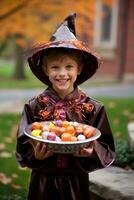 Kid in Halloween costume holding a bowl of candy with mischievous grin AI Generative photo