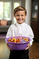 Kid in Halloween costume holding a bowl of candy with mischievous grin AI Generative photo