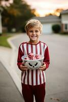 Kid in Halloween costume holding a bowl of candy with mischievous grin AI Generative photo