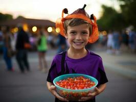 Kid in Halloween costume holding a bowl of candy with mischievous grin AI Generative photo