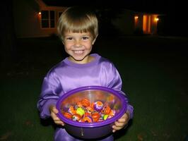 Kid in Halloween costume holding a bowl of candy with mischievous grin AI Generative photo