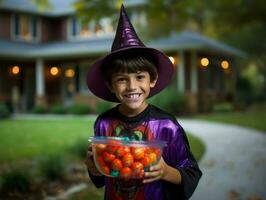 Kid in Halloween costume holding a bowl of candy with mischievous grin AI Generative photo