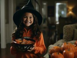 Kid in Halloween costume holding a bowl of candy with mischievous grin AI Generative photo