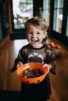 Kid in Halloween costume holding a bowl of candy with mischievous grin AI Generative photo