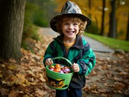 Kid in Halloween costume holding a bowl of candy with mischievous grin AI Generative photo