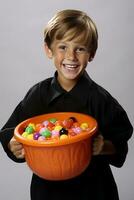 Kid in Halloween costume holding a bowl of candy with mischievous grin AI Generative photo