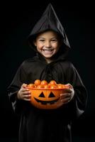 Kid in Halloween costume holding a bowl of candy with mischievous grin AI Generative photo