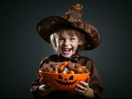 Kid in Halloween costume holding a bowl of candy with mischievous grin AI Generative photo