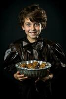 Kid in Halloween costume holding a bowl of candy with mischievous grin AI Generative photo