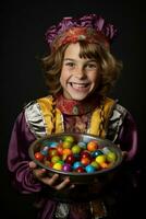 Kid in Halloween costume holding a bowl of candy with mischievous grin AI Generative photo