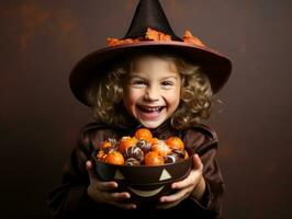 Kid in Halloween costume holding a bowl of candy with mischievous grin AI Generative photo