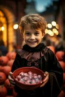 Kid in Halloween costume holding a bowl of candy with mischievous grin AI Generative photo