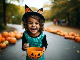 niño en Víspera de Todos los Santos disfraz participación un cuenco de caramelo con dañoso mueca ai generativo foto