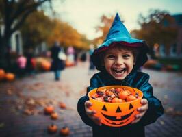 Kid in Halloween costume holding a bowl of candy with mischievous grin AI Generative photo