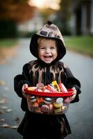 niño en Víspera de Todos los Santos disfraz participación un cuenco de caramelo con dañoso mueca ai generativo foto