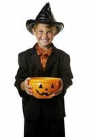 Kid in Halloween costume holding a bowl of candy with mischievous grin AI Generative photo