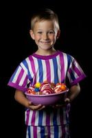 niño en Víspera de Todos los Santos disfraz participación un cuenco de caramelo con dañoso mueca ai generativo foto