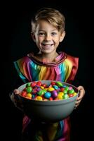 Kid in Halloween costume holding a bowl of candy with mischievous grin AI Generative photo