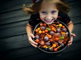 Kid in Halloween costume holding a bowl of candy with mischievous grin AI Generative photo