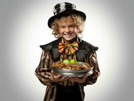 Kid in Halloween costume holding a bowl of candy with mischievous grin AI Generative photo