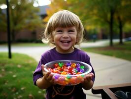 niño en Víspera de Todos los Santos disfraz participación un cuenco de caramelo con dañoso mueca ai generativo foto