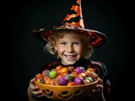 Kid in Halloween costume holding a bowl of candy with mischievous grin AI Generative photo