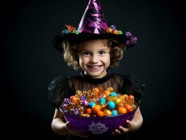 Kid in Halloween costume holding a bowl of candy with mischievous grin AI Generative photo