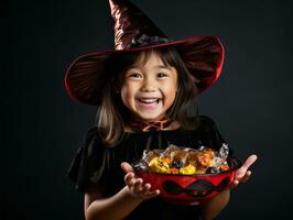 Kid in Halloween costume holding a bowl of candy with mischievous grin AI Generative photo