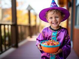 Kid in Halloween costume holding a bowl of candy with mischievous grin AI Generative photo