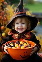 Kid in Halloween costume holding a bowl of candy with mischievous grin AI Generative photo