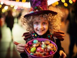 Kid in Halloween costume holding a bowl of candy with mischievous grin AI Generative photo