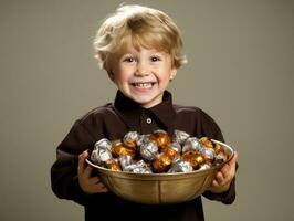 niño en Víspera de Todos los Santos disfraz participación un cuenco de caramelo con dañoso mueca ai generativo foto