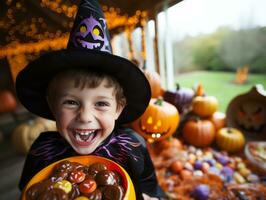 Kid in Halloween costume holding a bowl of candy with mischievous grin AI Generative photo