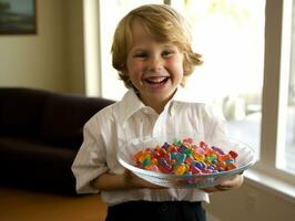 Kid in Halloween costume holding a bowl of candy with mischievous grin AI Generative photo