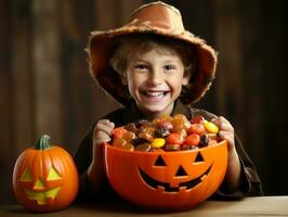 Kid in Halloween costume holding a bowl of candy with mischievous grin AI Generative photo