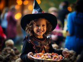 Kid in Halloween costume holding a bowl of candy with mischievous grin AI Generative photo