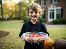 Kid in Halloween costume holding a bowl of candy with mischievous grin AI Generative photo