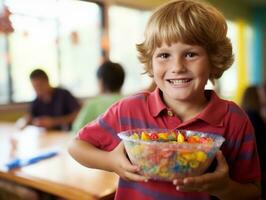 Kid in Halloween costume holding a bowl of candy with mischievous grin AI Generative photo