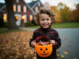 Kid in Halloween costume holding a bowl of candy with mischievous grin AI Generative photo