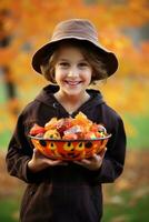 Kid in Halloween costume holding a bowl of candy with mischievous grin AI Generative photo