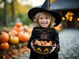 Kid in Halloween costume holding a bowl of candy with mischievous grin AI Generative photo